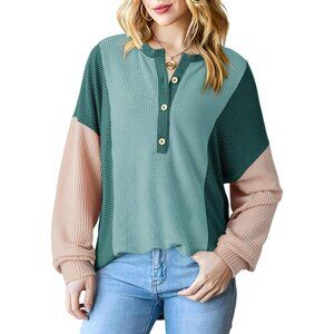 Womens Casual Color Block Knitted Long Sleeve Shirts Down Pullover Blouses Top